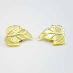 Vintage Carved Yellow Moonglow Earrings, Lucite Yellow Leaf Clips, 1950s, 1 1/4"